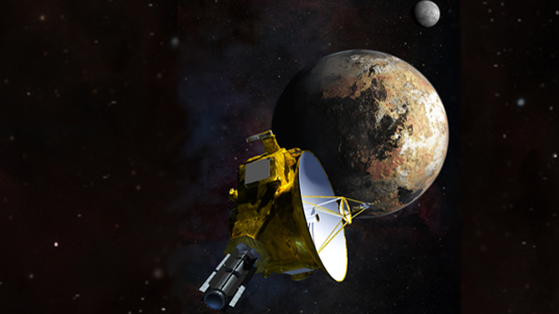 Artist’s concept of the New Horizons spacecraft as it approaches Pluto and its largest moon, Charon, in July 2015.