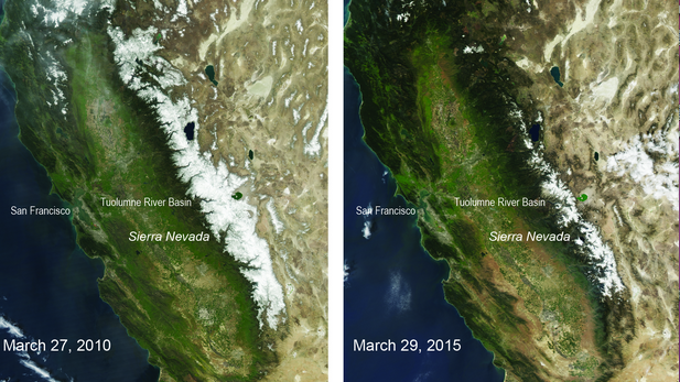 Five years' difference shown in satellite images of California's snowpack. 