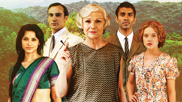 Shown from left to right: Amber Rose Revah as Leena Prasad, Henry Lloyd-Hughes as Ralph Whelan, Julie Walters as Cynthia Coffin, Nikesh Patel as Aafrin Dalal, and Jemima West as Alice Whelan