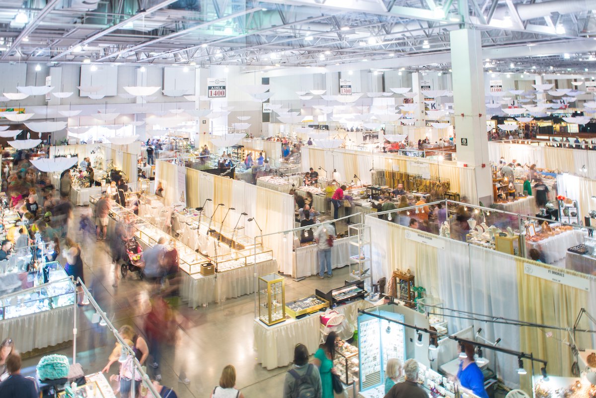 An overview shot of the Tucson Gem and Mineral Show held downtown at the Tucson Convention Center by the Tucson Gem and Mineral Society as part of the two week-long Gem, Mineral and Fossil Showcase.