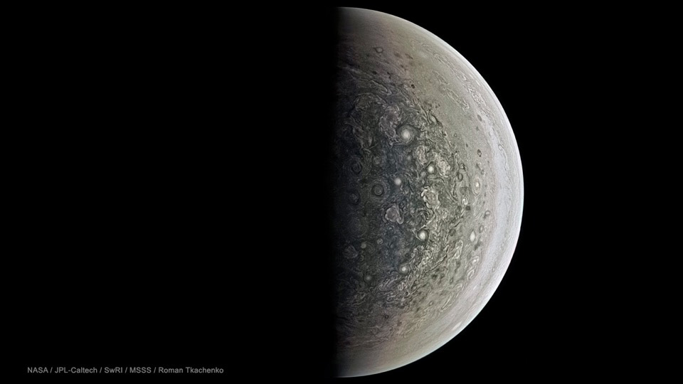 NASA's Juno spacecraft took this image of swirling cyclones at Jupiter's north pole in August 2016.  