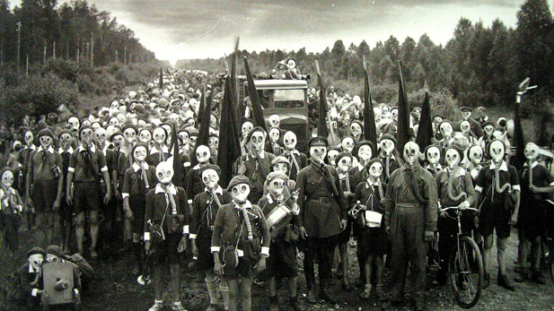 Pioneers in gas masks. USSR, 1937