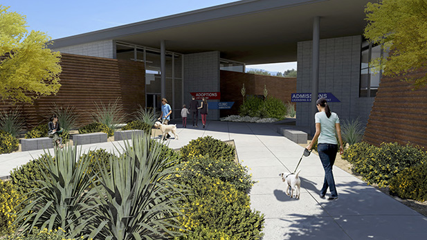 An artist's rendering of the main entry plaza of a Pima Animal Care Center facility, now under construction.