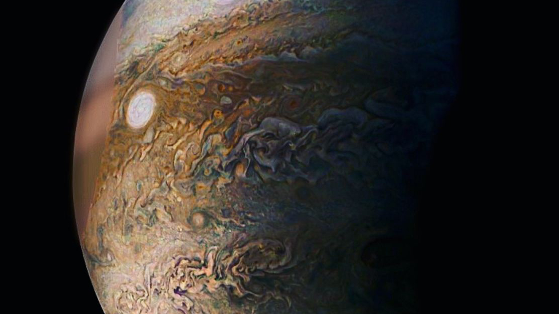 The camera aboard NASA's Juno mission caught this picture of a 'white storm' at Jupiter in December 2016.