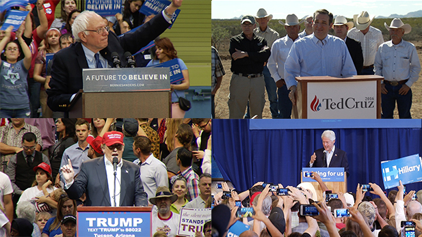 Campaigning in Arizona, clockwise from upper left: Democrat Bernie Sanders, Republican Ted Cruz, former Democratic President Bill Clinton campaigning for his wife Hillary, Republican Donald Trump.