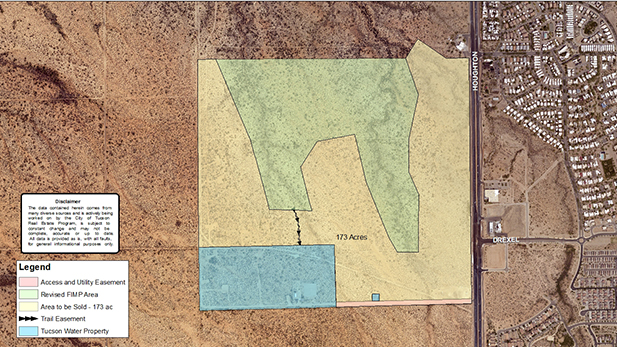 The yellow portion of the parcel indicates the land purchased by Mattamy Homes. The green is the 103-acre Fantasy Island Trails Park. Blue is Tucson Water land with a utility easement indicated in red.