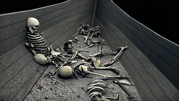 CGI 1 reconstruction graphics depicting skeletons of dead Vikings in a longship.