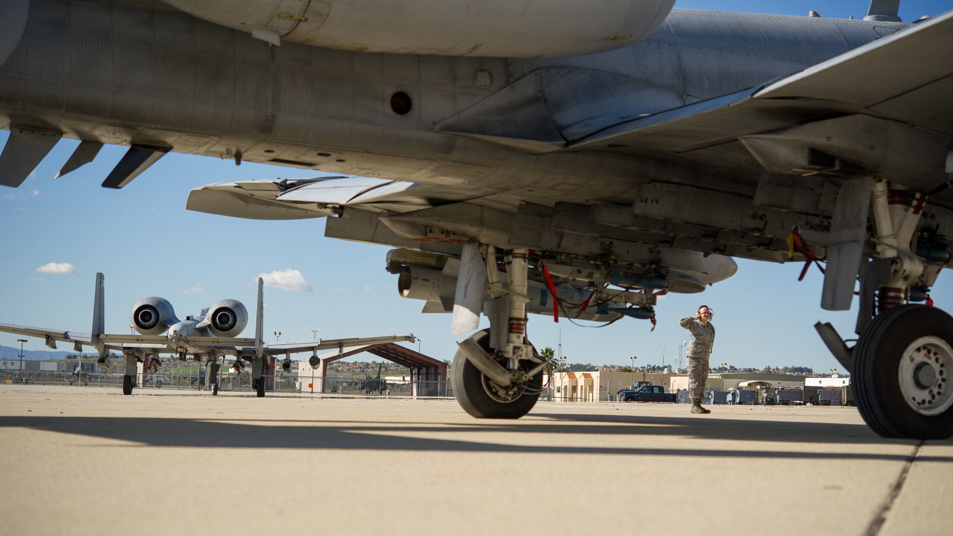 A-10s from Davis-Monthan Air Force Base taxi at March Air Reserve Base, California.  February 1, 2016