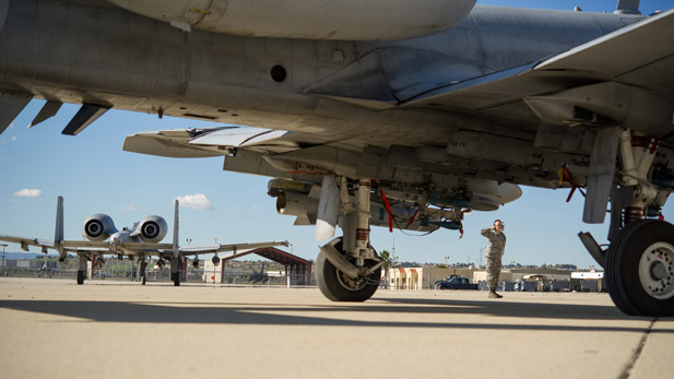 A-10s from Davis-Monthan Air Force Base taxi at March Air Reserve Base, California.  February 1, 2016