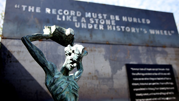 A statue stands in front of the Holocaust History Center in Tucson. 