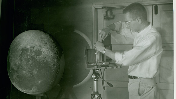 William Hartmann photographs an image of the Moon projected on a three-foot hemisphere in the UA Lunar and Planetary Lab's first premises, a Quonset hut.