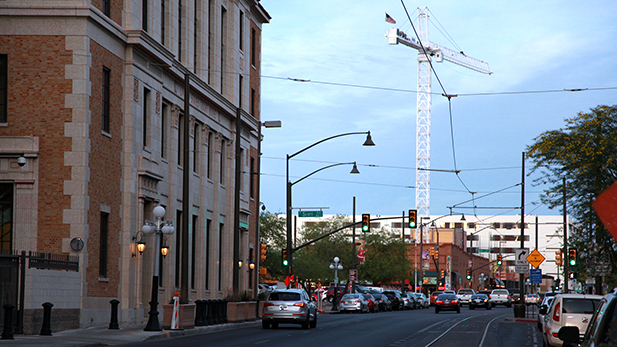 A streetcar passes by the Rialto Theatre in downtown Tucson.