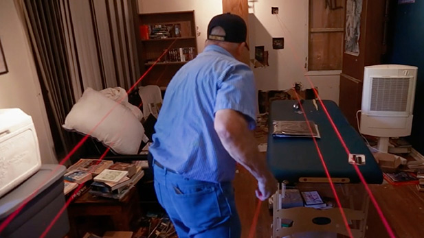 Dub Lawrence investigates shooting at Matthew Stewart's home. The red strings represent bullets fired by police, the yellow represent bullets fired by Matthew Stewart. 