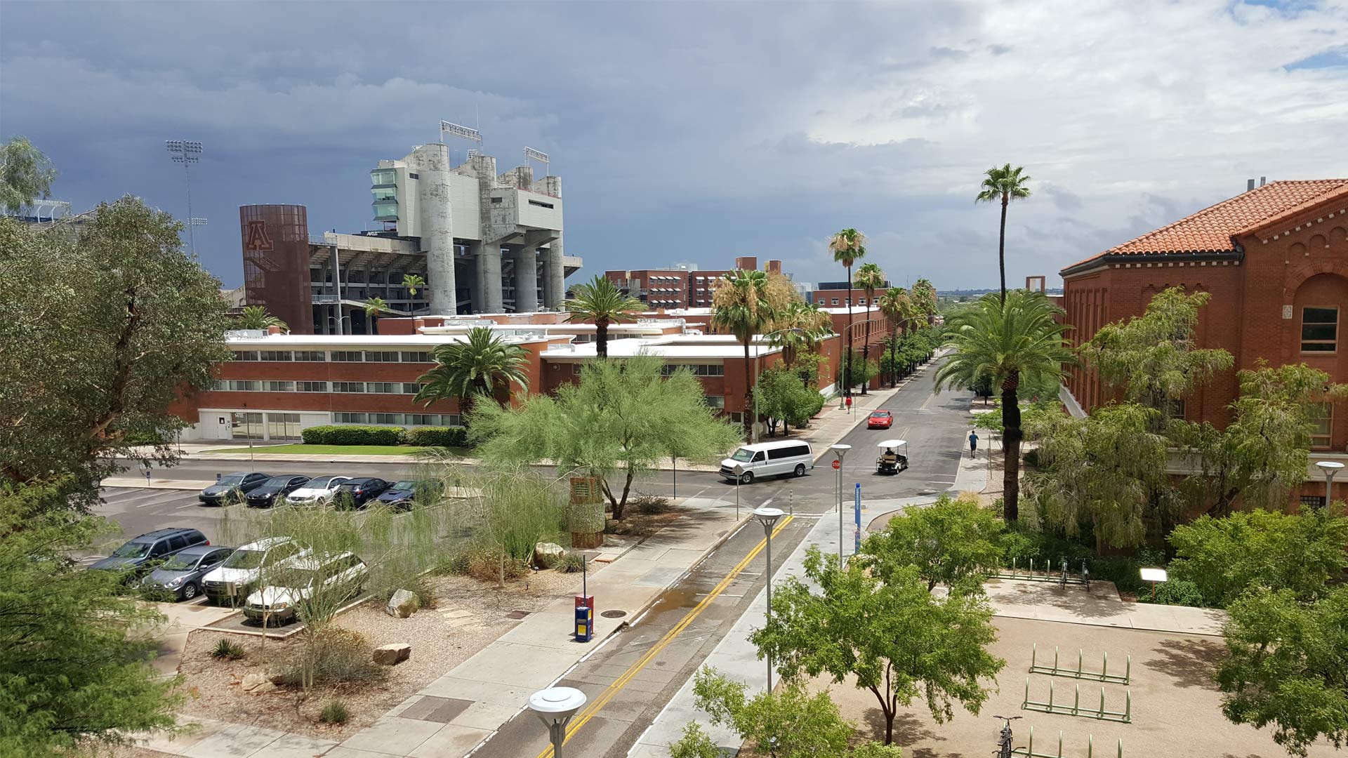 Monsoon clouds darken the sky over the campus of the University of Arizona and Arizona Stadium.