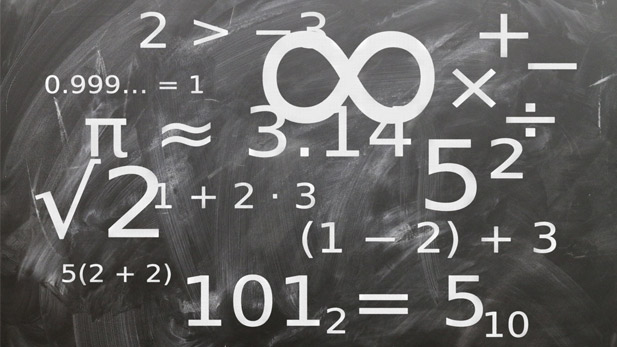 Mathematics formulae and characters on a blackboard.