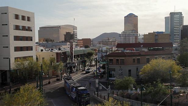 A streetcar moves through downtown Tucson.
