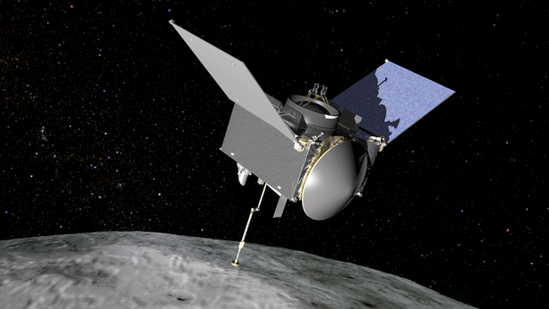 An artist's conception of the OSIRIS-REx spacecraft at the asteroid Bennu