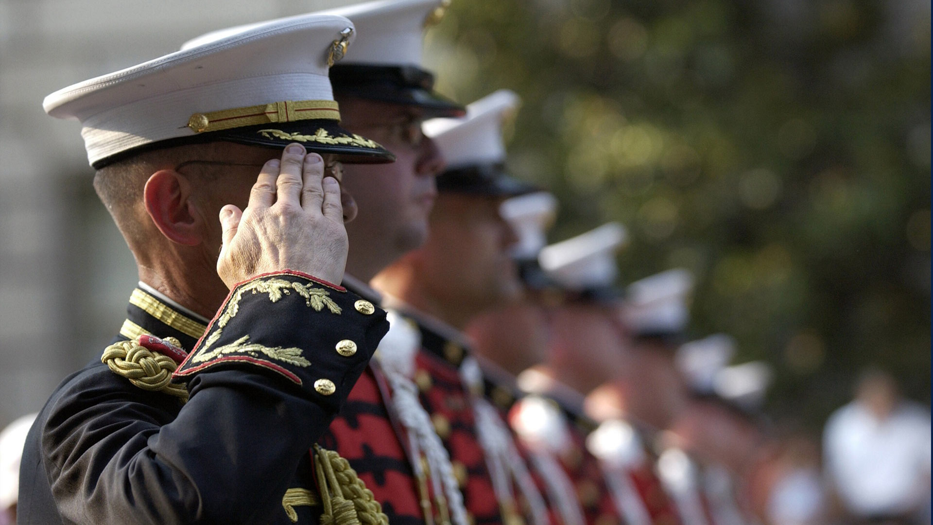 Soldier salutes a military procession.