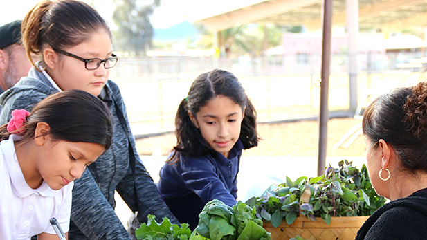 Students run the Manzo Market every two weeks, where they sell produce from their garden and eggs from the school’s chickens. Photo by Moses Thompson