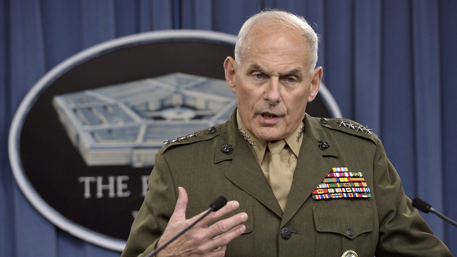 Then-Marine Corps Gen. John F. Kelly in March 2014 discussing developments in his command's efforts to stem the flow of drugs from South and Central America.