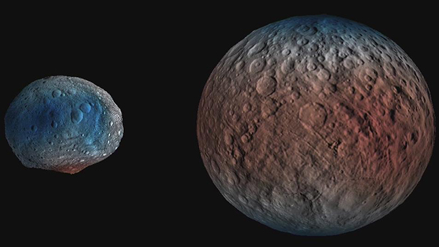 Dwarf planet Ceres overlaid with the concentration of hydrogen determined from data acquired by the gamma ray and neutron detector (GRaND) instrument aboard NASA's Dawn spacecraft.