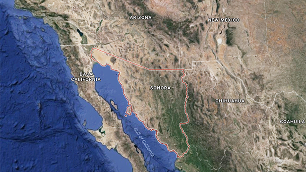 Google Maps image of the Southwest U.S.-Mexican border, with the Mexican state of Sonora highlighted.