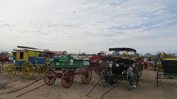 Some of the horse-drawn vehicles in the 2014 Tucson Rodeo Parade, including fringe-top surreys.