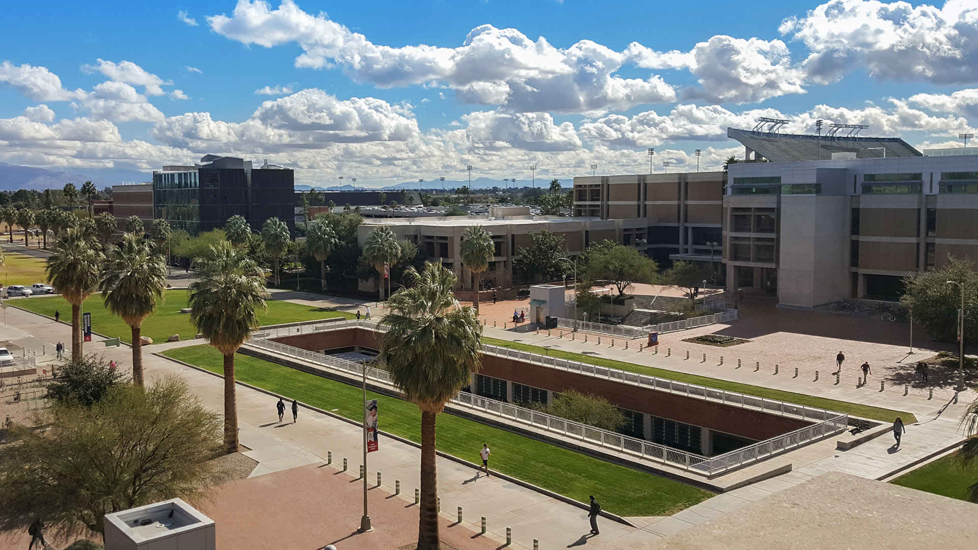 Looking down at the Integrated Learning Center on the campus of the University of Arizona.