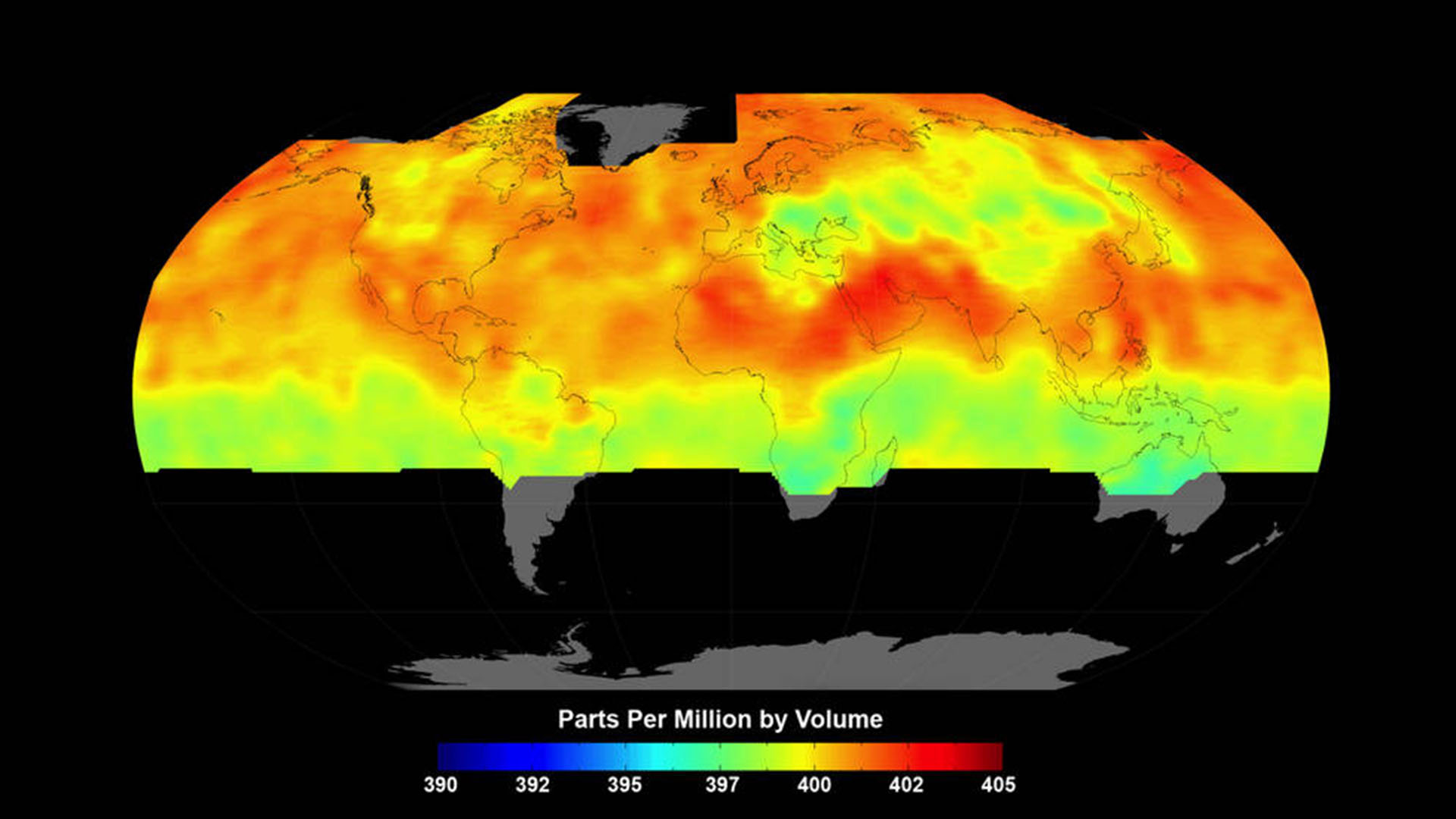 Global average carbon dioxide concentrations as seen by NASA’s Orbiting Carbon Observatory-2 mission, June 1-15, 2015.
