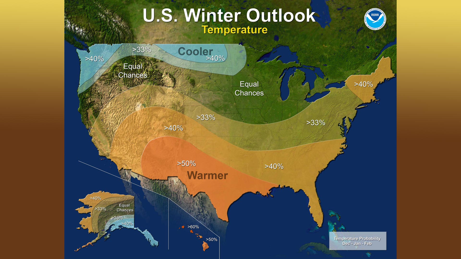 NOAA's 2017-18 winter temperature probabilities.