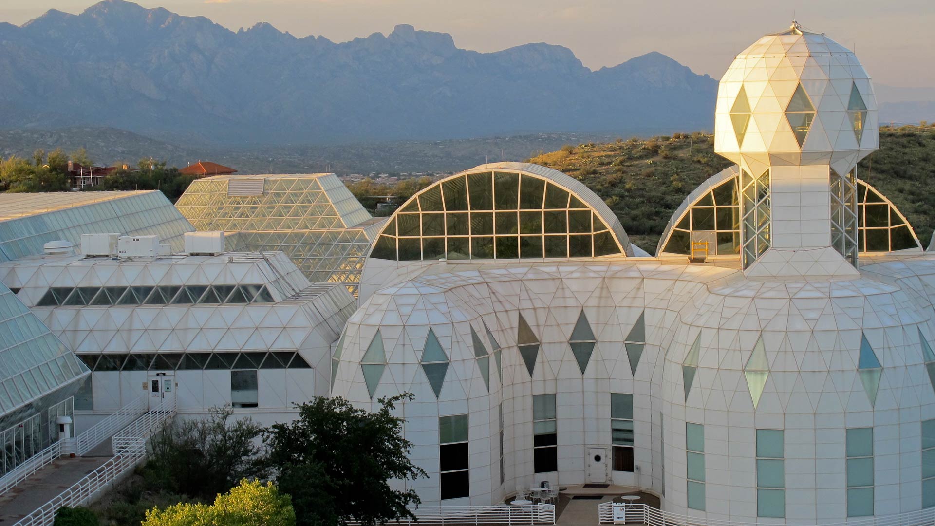 Sunset at the Biosphere 2 science and research facility north of Tucson