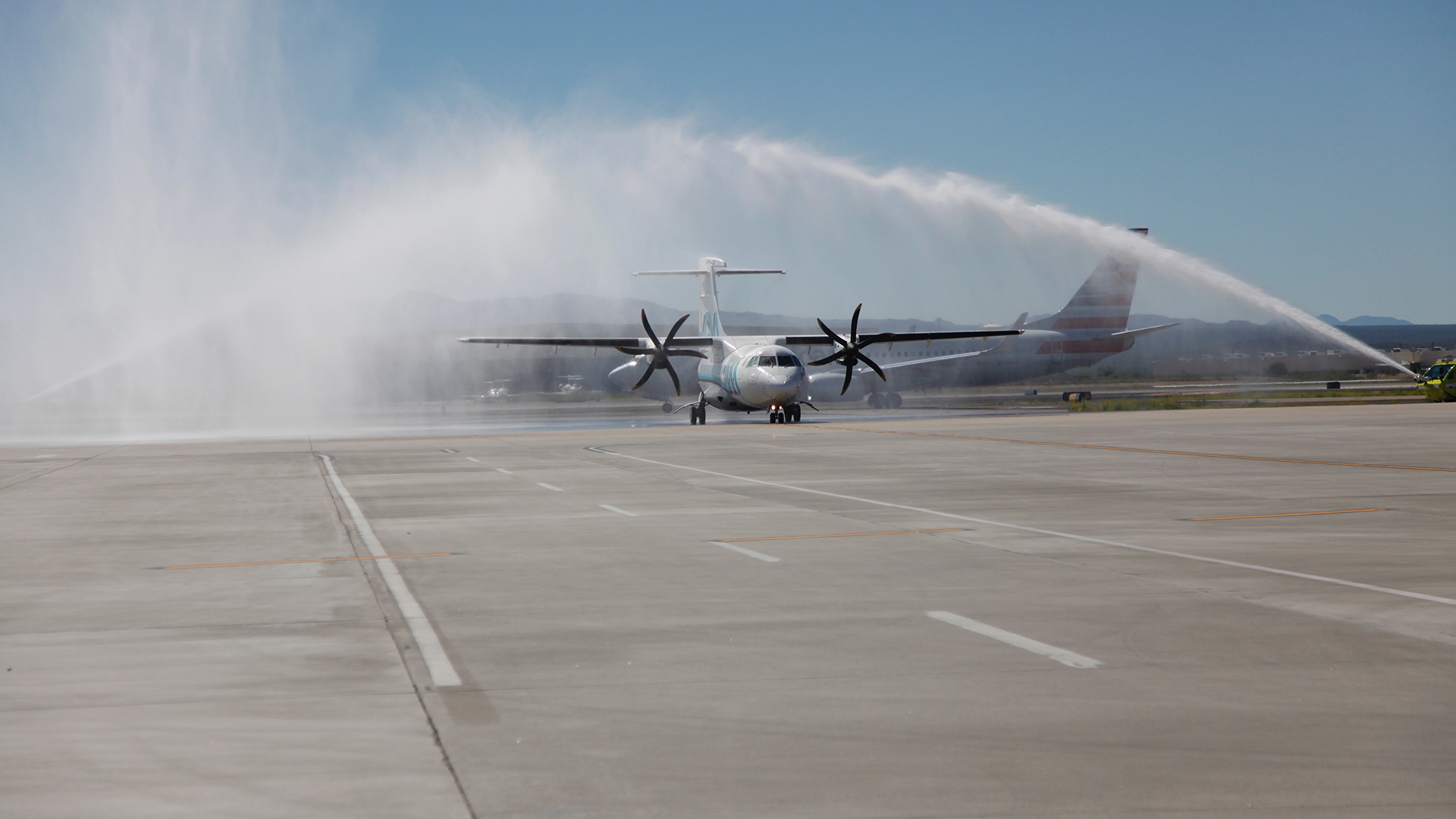 Fire crews at Tucson International Airport welcome the first arrival of a maiden flight at the airport.