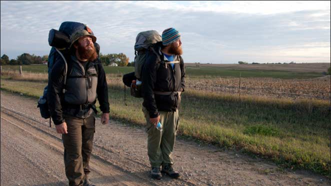 Ex-soldiers Tom Voss and Anthony Anderson, pictured leaving Wisconsin, as they embark on an epic journey across the country to heal from their time at war.