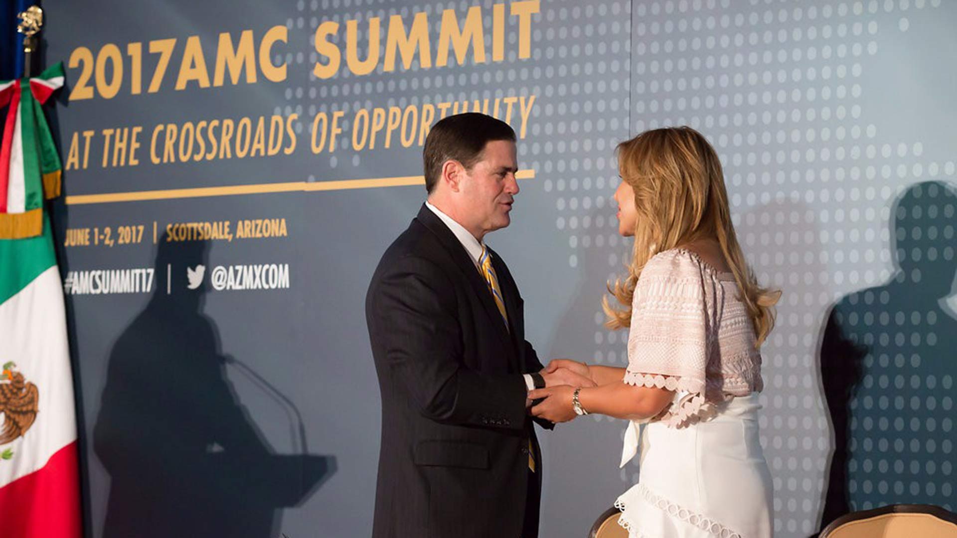 Arizona Gov. Doug Ducey and Sonoran Gov. Claudia Pavlovich at a June 2017 Arizona-Mexico Commission summit in Scottsdale, Arizona. The commission also met in November 2017 in Puerto Peñasco, Mexico.