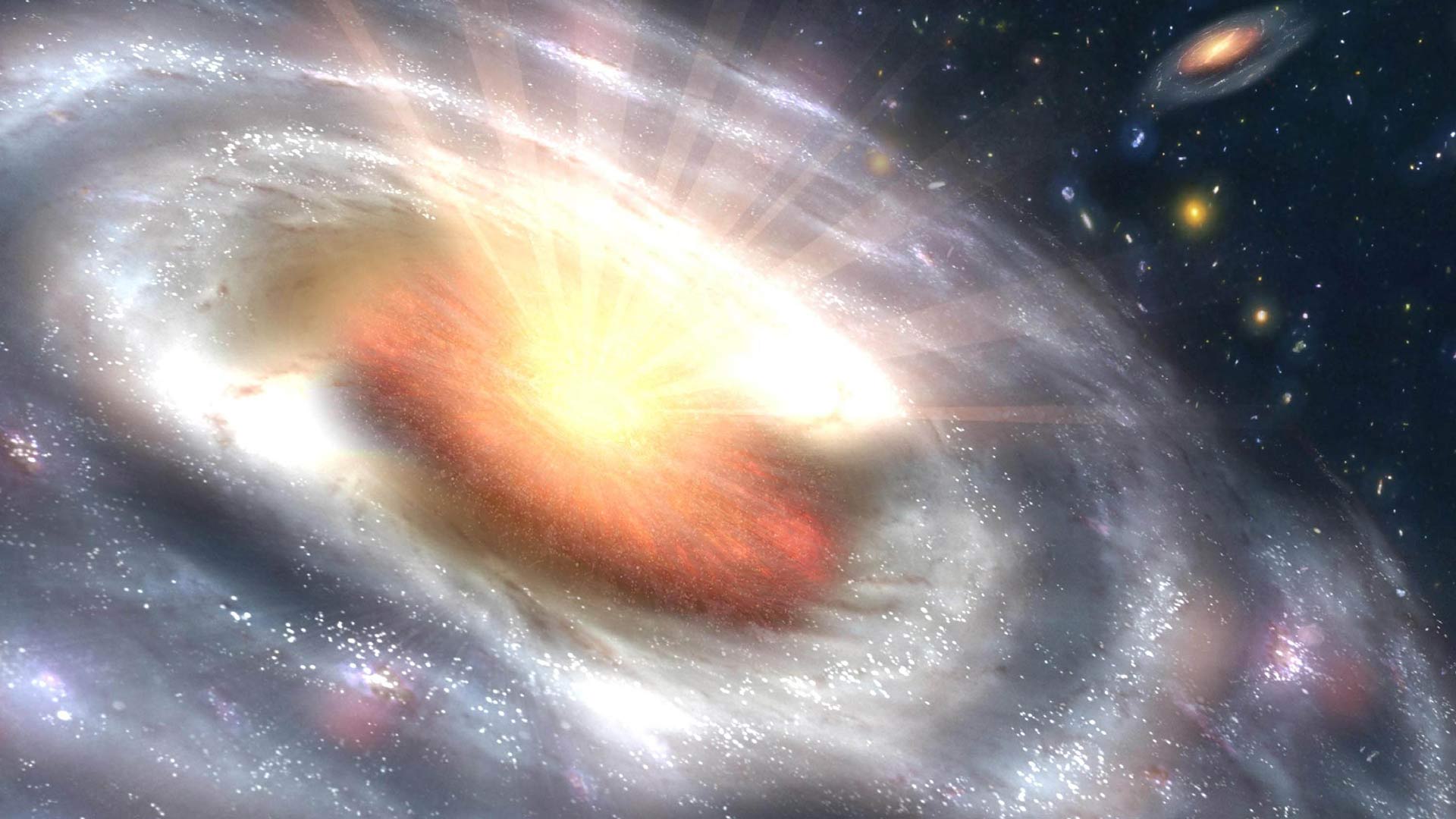 A growing black hole, called a quasar, can be seen at the center of a faraway galaxy in this artist's concept. 