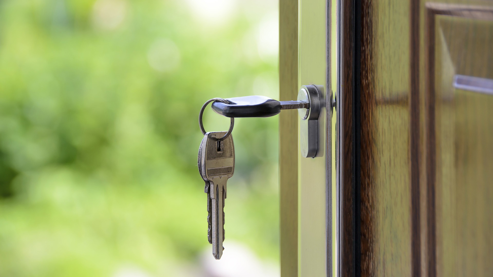 A key in a door lock.