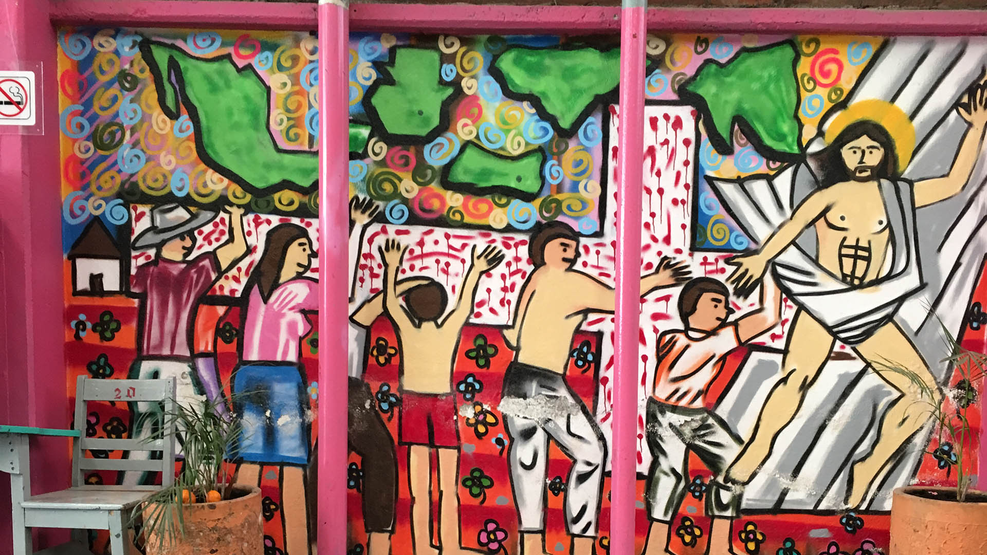A mural at the Cafemin migrant shelter in Mexico City.