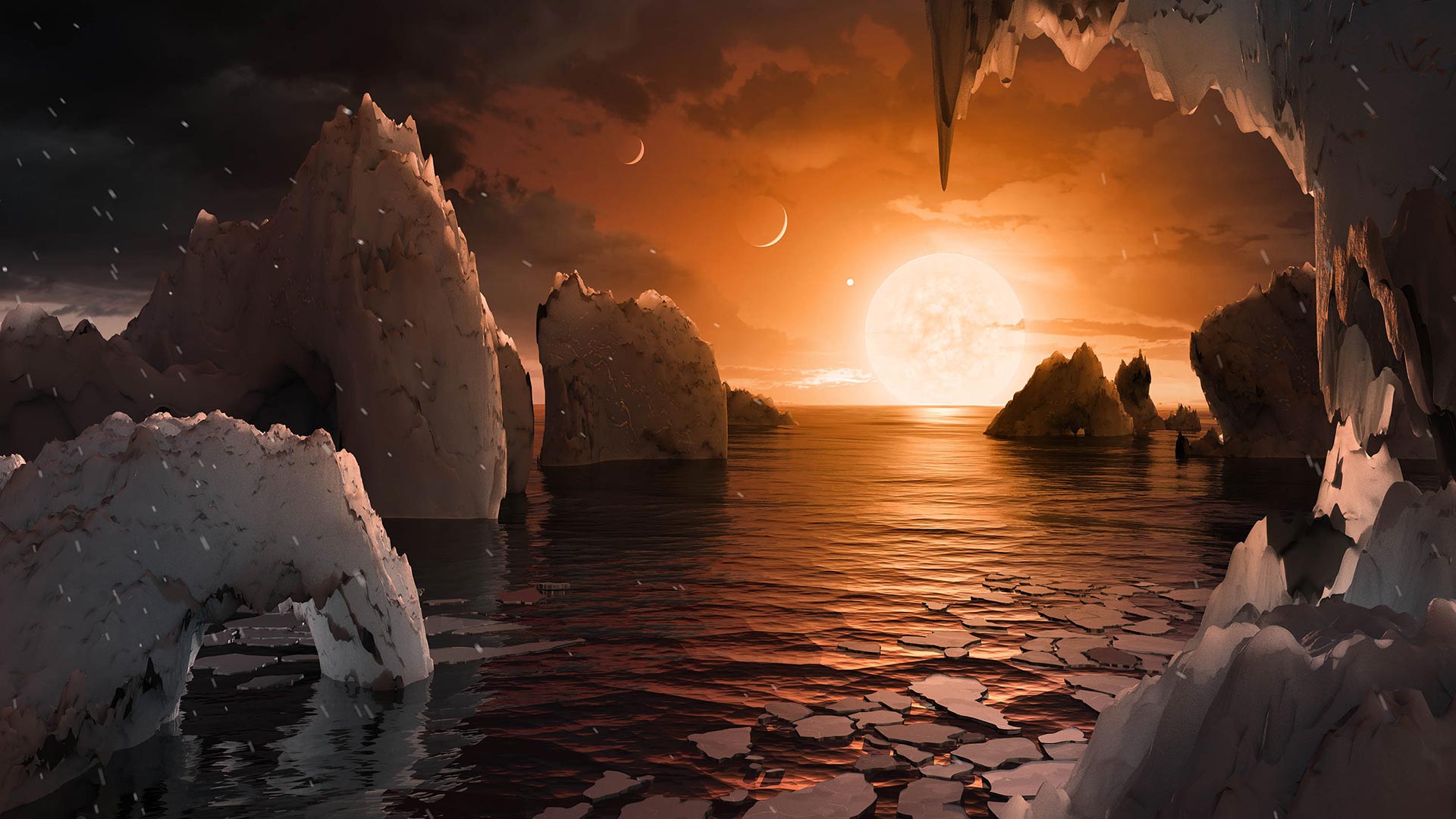 This artist's concept depicts what it would be like to stand on the surface of the exoplanet TRAPPIST-1f, located in the TRAPPIST-1 system in the constellation Aquarius.