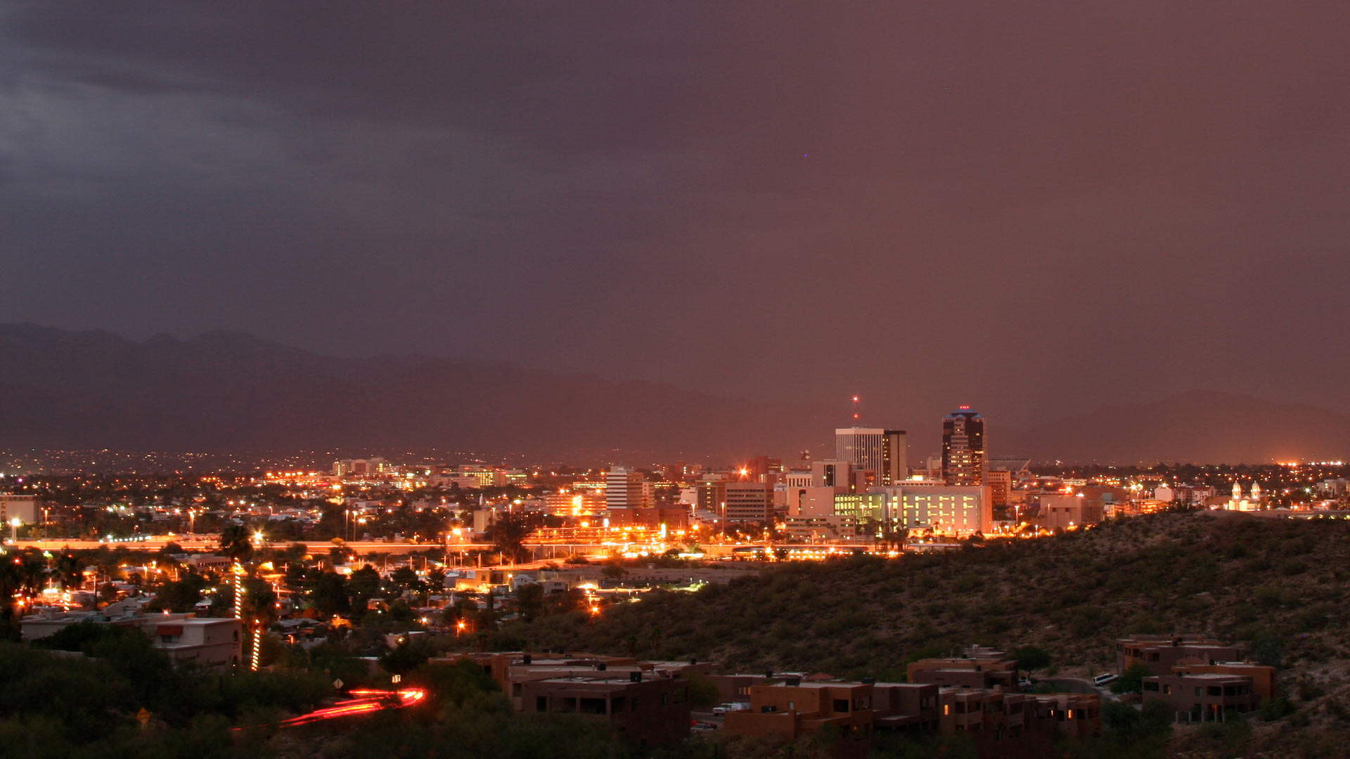 Overlooking the Tucson city skyline at night.