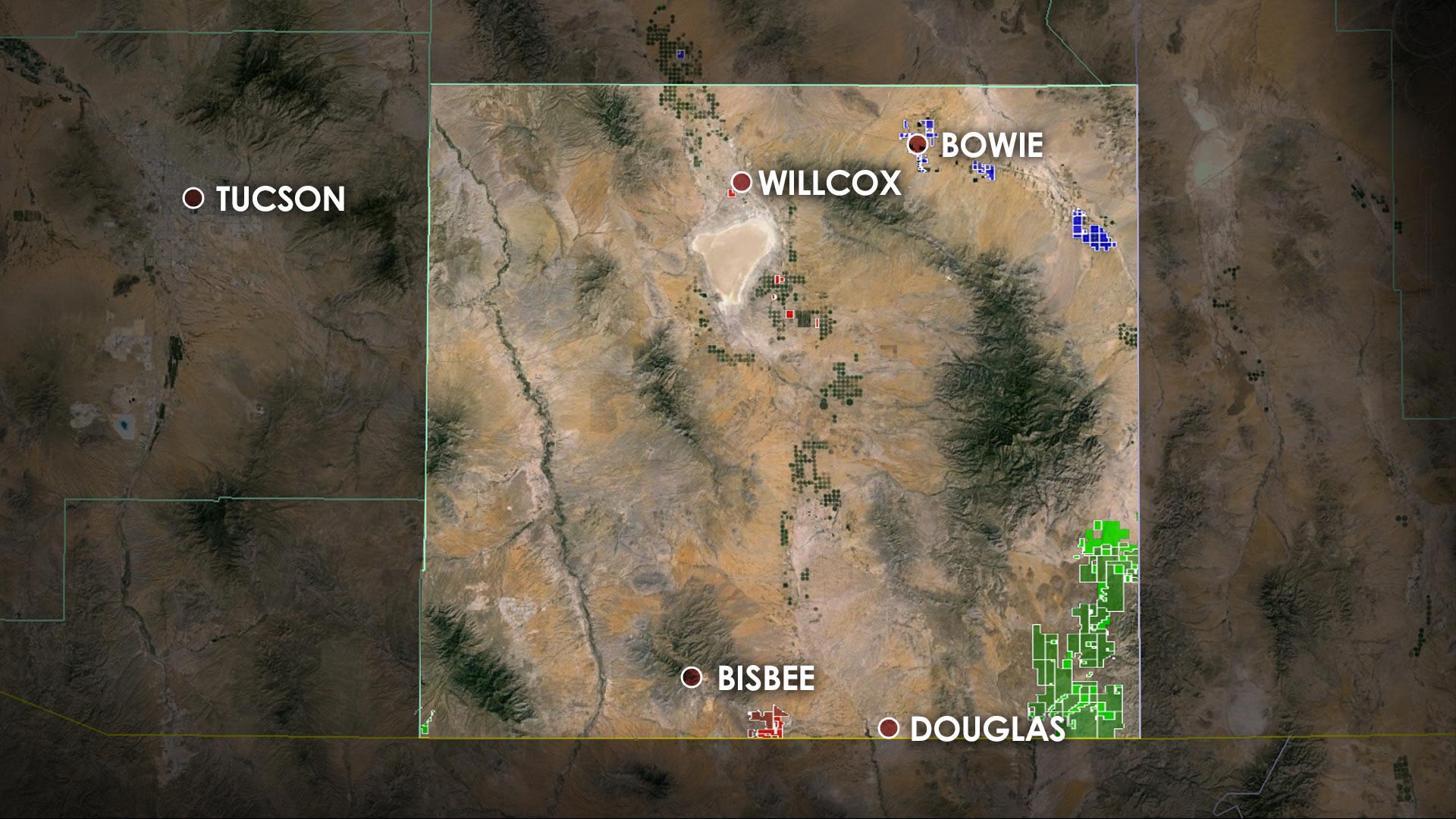 Three groups have purchased large portions of land in Cochise County since 2010. They include Mark Cook, a long-established pecan and pistachio farmer working with a California nut grower (blue); Howard G. Buffett, the son of billionaire Warren Buffett (red); and Stan Kroenke, a land and professional sports mogul (green).