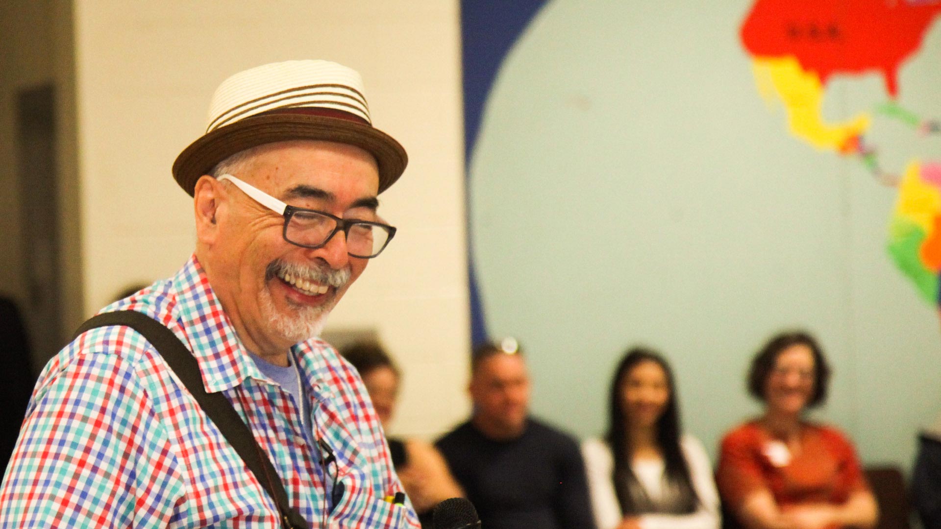 U.S. Poet Laureate Juan Felipe Herrera at the Davis Bilingual Magnet School.