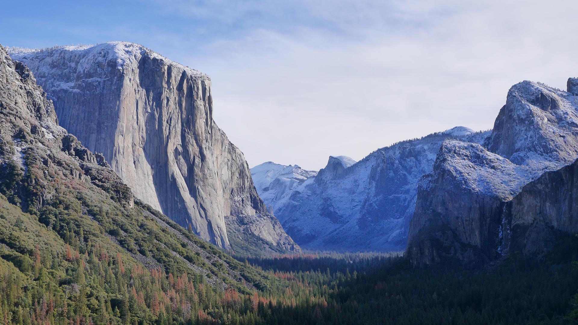 The first snow of winter coats El Capitan and the surrounding mountains.