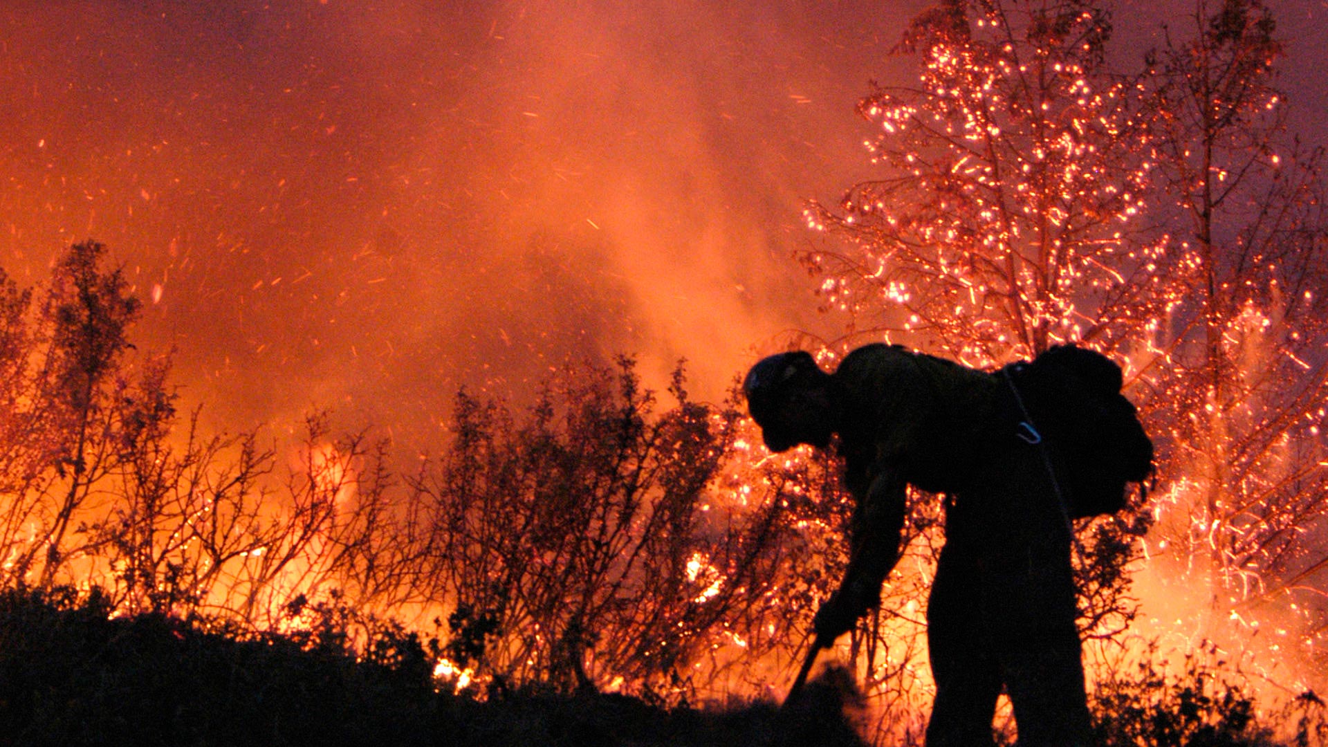 A firefighter works at a scrub fire.