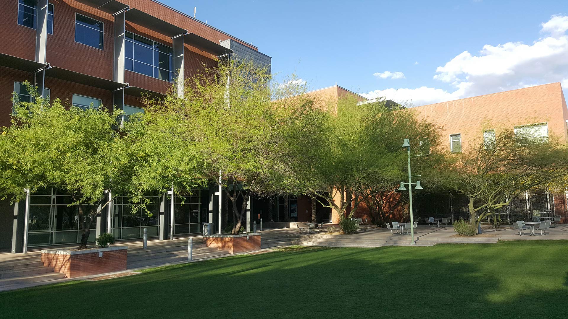 Outside the R. Ken Coit Student Services Center at the College of Pharmacy on the University of Arizona campus.