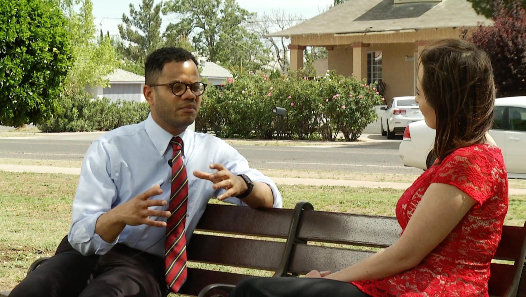 Robert Uribe, mayor of Douglas, Ariz., speaks with Lorraine Rivera, April 2017.