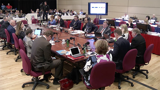 Members of the Arizona Board of Regents meeting at the University of Arizona Thursday. The regents accepted all of the tuition and fee proposals that the three universities put before them. 