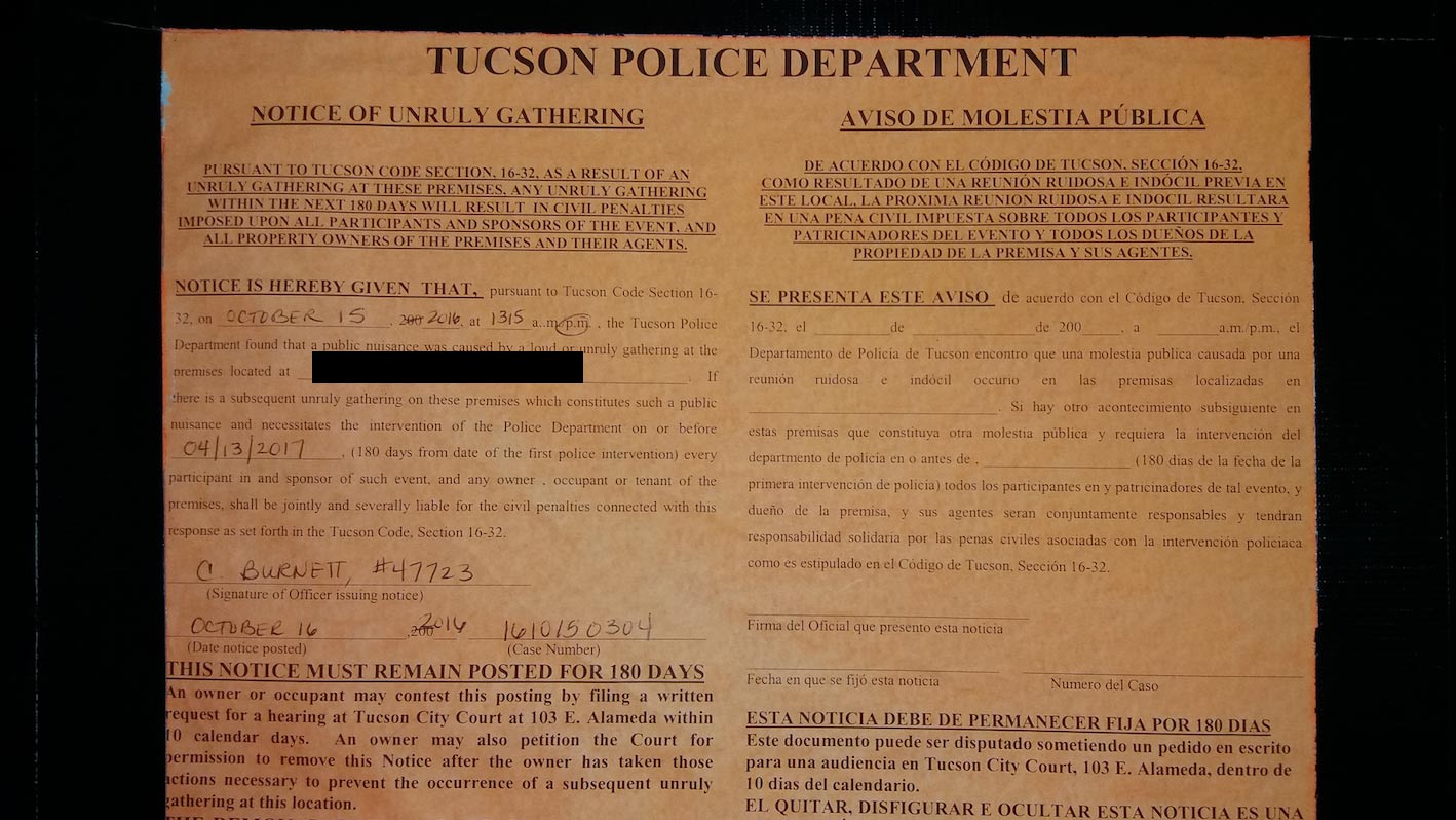 A Tucson Police Department red tag citation.