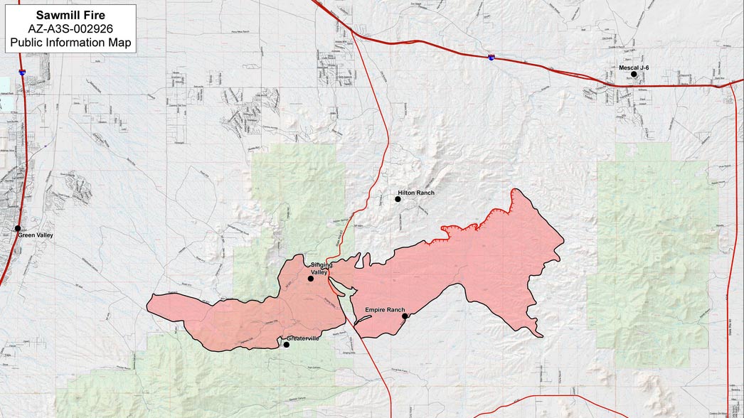 Footprint of the Sawmill Fire, showing black line for containment along 94% of its perimeter, May 1, 2017.