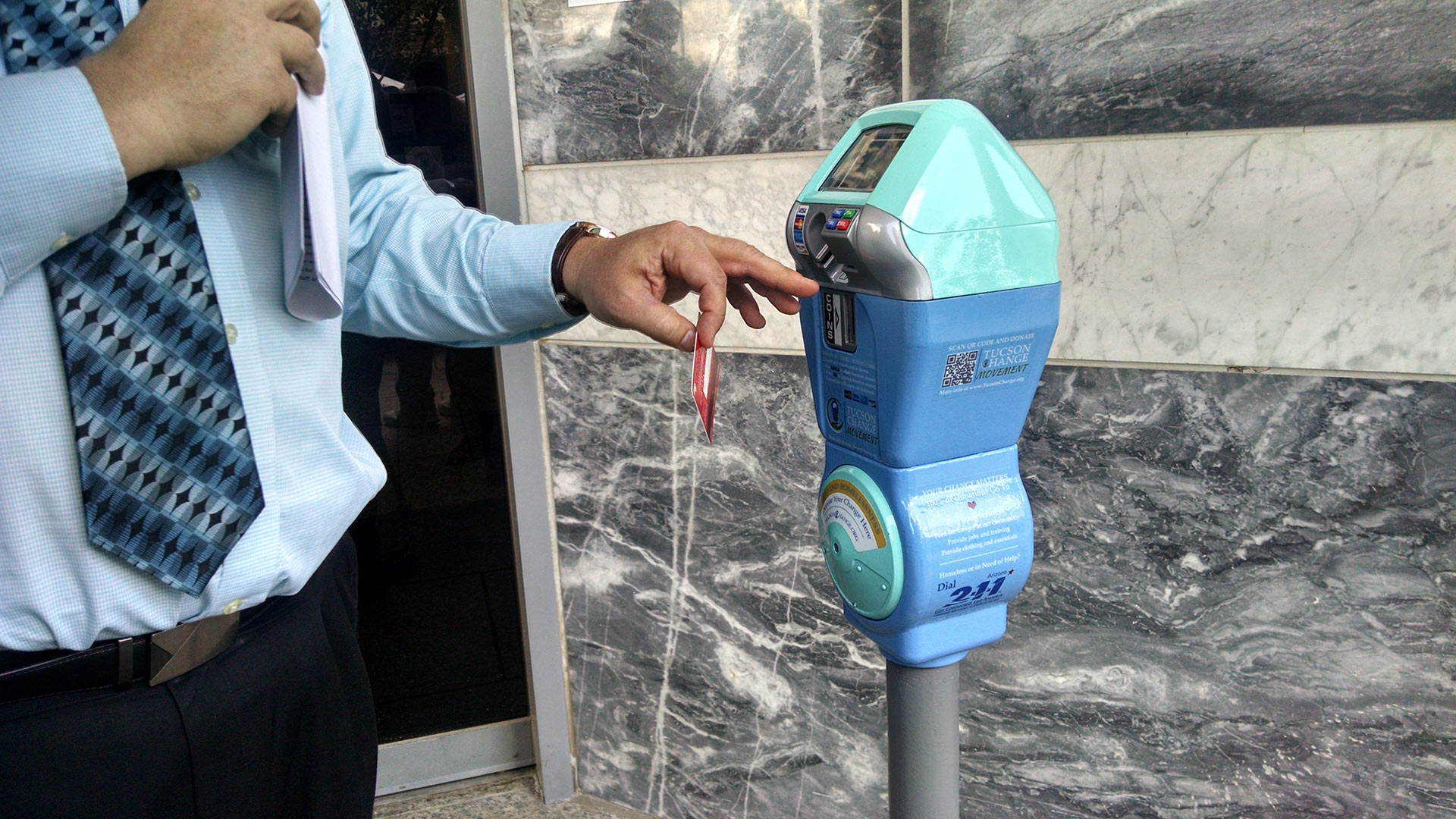 A repurposed parking meter at Pima County's Joel D. Valdez Main Library in downtown Tucson.