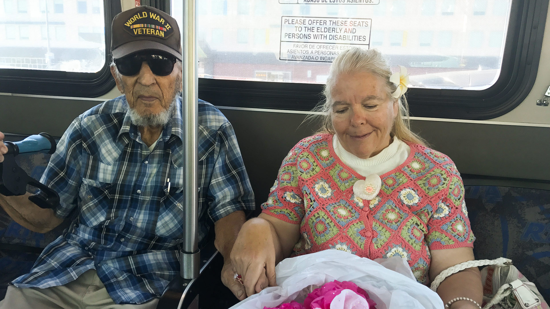 Flowers together on the bus